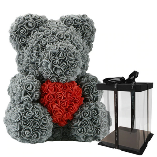 Grey Love Heart Rose Bear