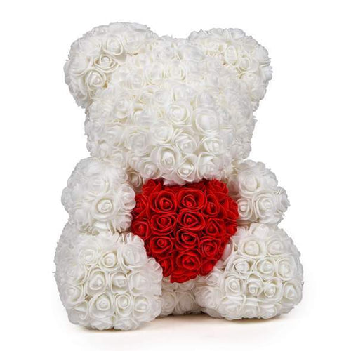 White Love Heart Rose Bear